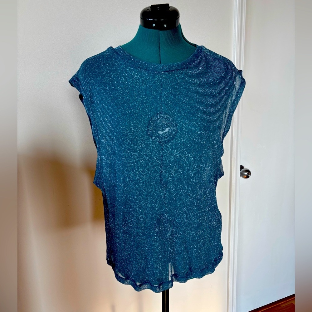 Women's Blue Shimmer Top, wide arm holes crew neck tank
